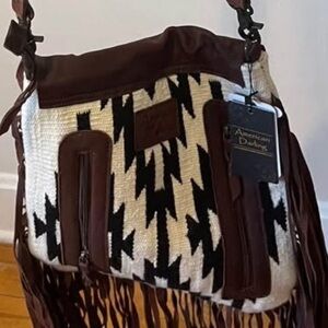 American Darling Black and White Crossbody with Brown Fringe
